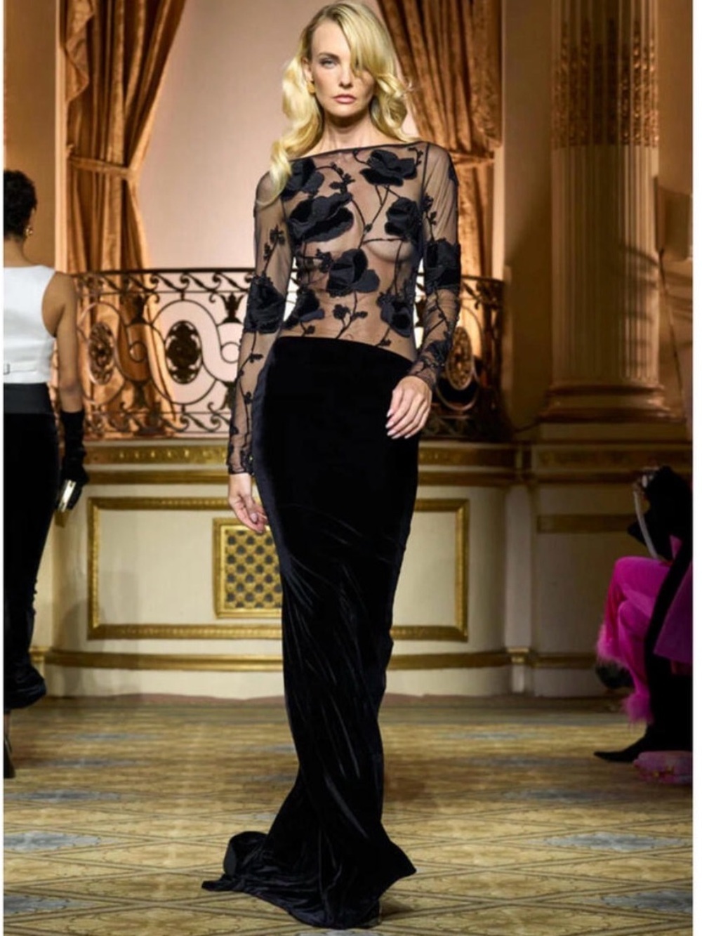 Retrofete Black Sheer Floral-Appliqué Velvet Gown NWOT Small Retail $1998
